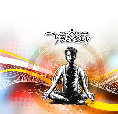 Man practicing yoga pose, 21st june international yoga day, vector illustration.のイラスト素材
