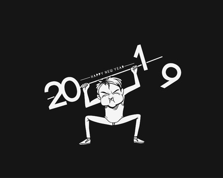 Boy lifting a heavy weight work of next year 2019. Business concept. vector illustration.