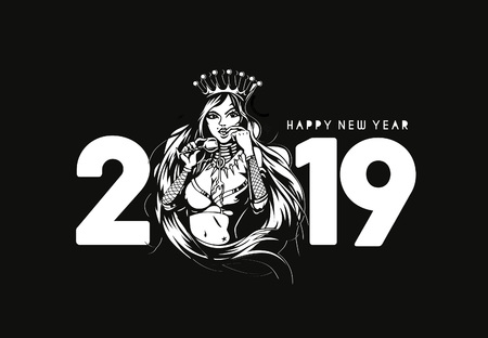 Happy New Year 2019 Text with Queen with a glass of wine, Vector illustration.のイラスト素材
