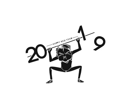 Boy lifting a heavy weight work of next year 2019. Business concept. vector illustration.のイラスト素材