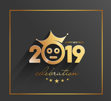 Happy New Year 2019 Golden Crown Text Design Patter, Vector illustration.のイラスト素材