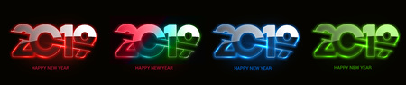 Set of Happy New Year 2019 Glowing Text Design Patter, Vector illustration.のイラスト素材