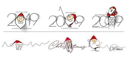 Set of Happy New Year 2019 Text with Santa Christmas Design, Vector illustrationのイラスト素材