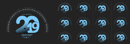 Happy new year 2019 Calendar - New Year Holiday design elements for holiday cards, calendar banner poster for decorations, Vector Illustration Background.のイラスト素材