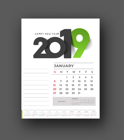Happy new year 2019 Calendar - New Year Holiday design elements for holiday cards, calendar banner poster for decorations, Vector Illustration Background.のイラスト素材