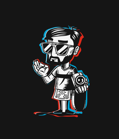 Professional photographer with camera. Flat style vector illustration isolated on black background.のイラスト素材