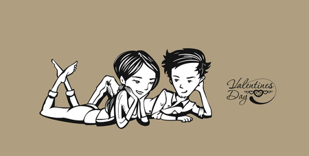 Romantic lovers for Valentine's Day, Cartoon Hand Drawn Sketchのイラスト素材