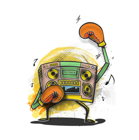 Radio music box wearing boxing gloves fighting, concept of the competition of music.のイラスト素材