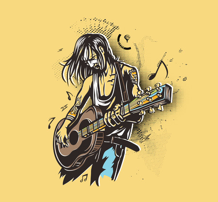 Rockstar guy playing guitar with text move the beat, vector illustration.のイラスト素材