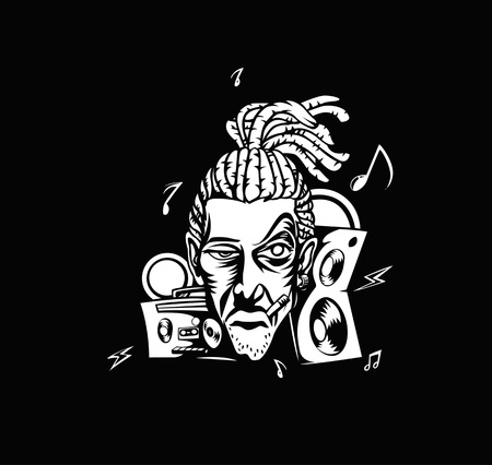 Dj man playing tunes - music themed elements to use for event poster, vector illustration.のイラスト素材