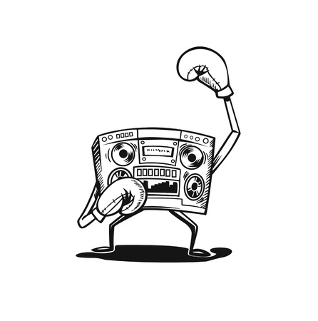 Radio music box wearing boxing gloves fighting, concept of the competition of music.のイラスト素材