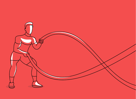Strong bodybuilder sportsman man with battle rope doing exercise in functional training fitness gym, Flat Line Art Design.のイラスト素材
