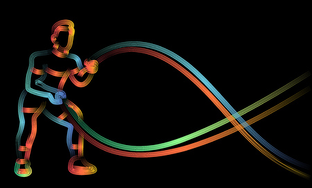 Strong bodybuilder sportsman man with battle rope doing exercise in functional training fitness gym, Flat Line Art Design.のイラスト素材