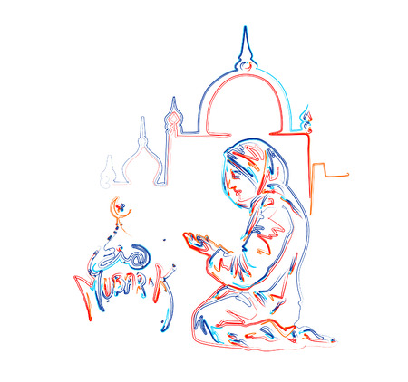 Muslim young man praying, 3d Color line art ( RGB ) vector illustration.のイラスト素材