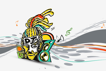 Dj man playing tunes with rainbow wave line, vector illustration.のイラスト素材