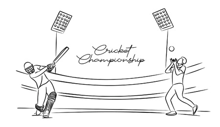 Cricket championship with ball wicket in Cricket stadium flat line art graphic design, vector illustrationのイラスト素材