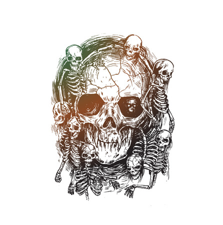 Detailed graphic realistic cool black and white human skulls, vector illustration.のイラスト素材