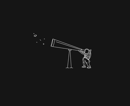 Astronaut looks through the telescope to universe - Flat Line Art Design Illustration.のイラスト素材