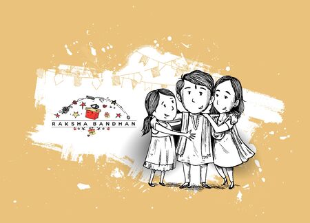 Happy Raksha Bandhan celebration Poster. Beautiful frame with  of cute little sister and brother.のイラスト素材