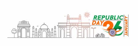 26 january Republic day concept - India Gate Taj Mahal & Gateway Of India Mumbai,  Line art vector illustration.のイラスト素材