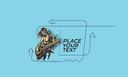 Flat linear Rockstar guy playing guitar banner, scroll,  sticker, badge, price tag, poster.のイラスト素材