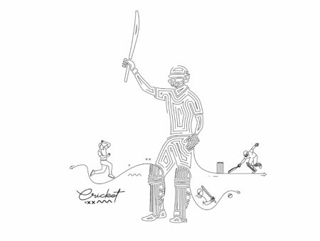Concept of Batsman playing cricket raises his bat after scoring a full century - championship, Line...