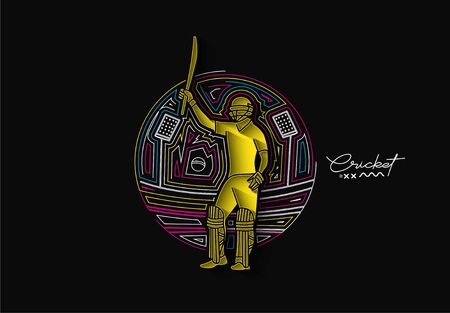 Concept of Batsman playing cricket raises his bat after scoring a full century - championship, Line art design Vector illustration.のイラスト素材