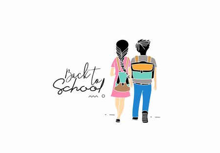 Back To School Calligraphic 3d Style Text with Boy and girl with school bags behind the back Vector illustration Design.のイラスト素材