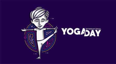 Boy practicing yoga pose, 21st june international yoga day, vectorのイラスト素材