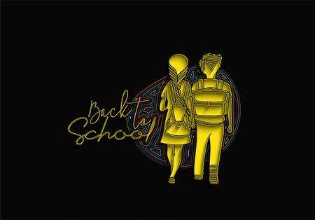 Back To School Calligraphic 3d Style Text with Boy and girl with school bags behind the back Vector illustration Design.のイラスト素材