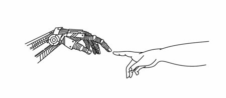 Hands of Robot and Human hands touching with fingers, Virtual Reality or Artificial Intelligence Technology Concept - Hand Draw Sketch Design illustration.のイラスト素材