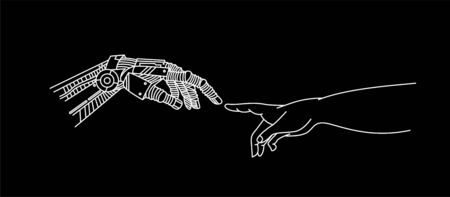 Hands of Robot and Human hands touching with fingers, Virtual Reality or Artificial Intelligence Technology Concept - Hand Draw Sketch Design illustration.のイラスト素材