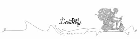 Delivery boy ride scooter delivery service , Order, Fast Shipping, Flat Line Art Vector Background. のイラスト素材