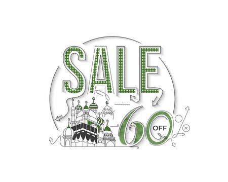 60% OFF Sale Discount Banner. Eid Mubarak celebration- Mosque. Sale banner, scroll,  sticker, badge, price tag, poster. Vector illustration.のイラスト素材