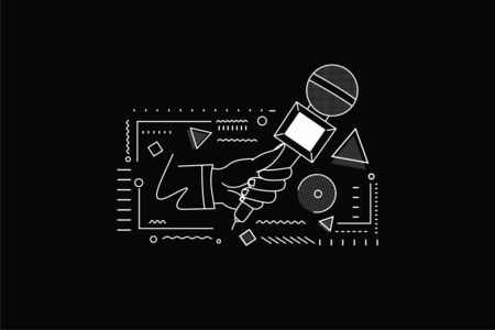 Live news template with microphone. Journalism concept, Line art vector illustration.のイラスト素材