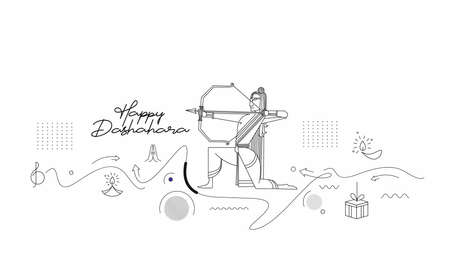 Lord Rama with arrow killing Ravana in Navratri festival of India poster with hindi text Dussehra, Line art Vector illustration.のイラスト素材