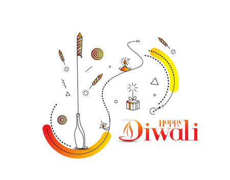 Happy Diwali text with Rocket firecrackers design. Poster Banner Vector illustration.のイラスト素材