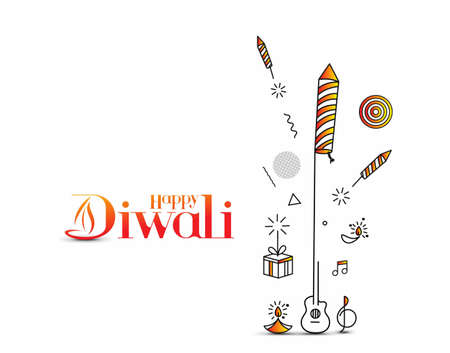 Happy Diwali text with Rocket firecrackers design. Poster Banner Vector illustration.のイラスト素材
