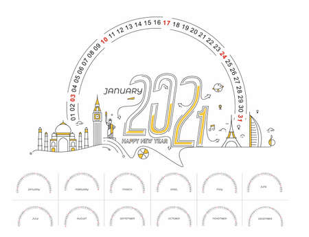 Happy new year 2021 Calendar - New Year Holiday design elements for holiday cards, calendar flyer banner poster for decorationsのイラスト素材