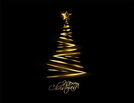 Gold line Art Modern christmas tree background, vector illustrationのイラスト素材