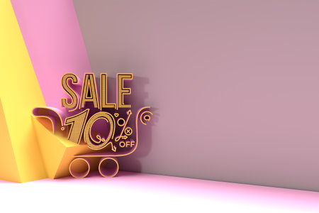 3D Render Abstract 30% Sale OFF with Shopping Cart Discount Banner 3D Illustration Design.の写真素材