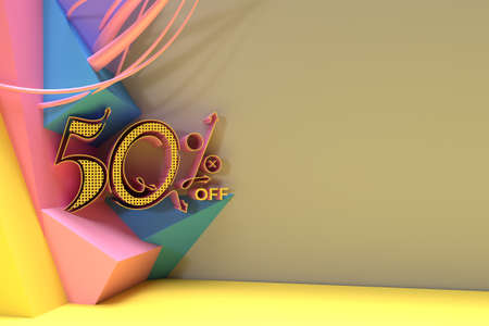 3D Render Abstract 50% Sale OFF Discount Banner 3D Illustration Design.の写真素材