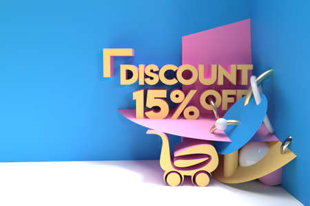 3D Render Abstract 15% Sale OFF Discount with Shopping Cart Banner 3D Illustration Design.の写真素材