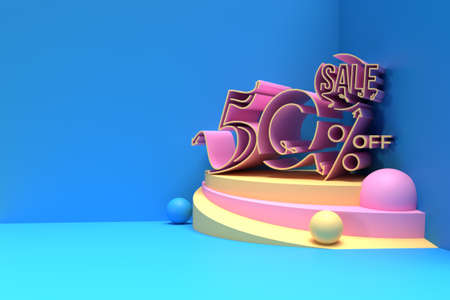 3D Render Abstract 50% Sale OFF Discount Banner Display Products Advertising 3D Illustration Design.の写真素材
