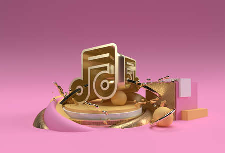 3D Render Golden Music Note Display Products Advertising. Flyer Poster Illustration Design.の写真素材