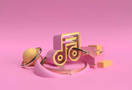 3D Render Golden Music Note Display Products Advertising. Flyer Poster Illustration Design.の写真素材