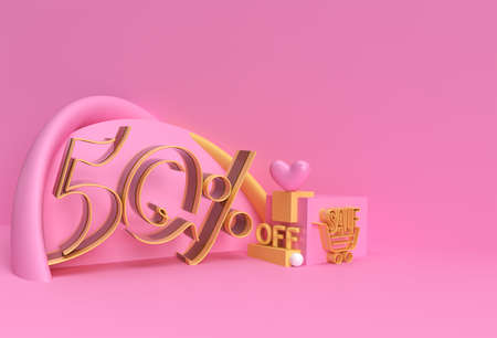 3D Render Abstract 50% Sale OFF Discount Display Products Advertising. Flyer Poster Illustration Design.の写真素材