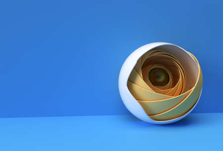 3D golden core ball hidden inside black hemisphere shell Minimalism geometry background. 3d illustration rendering.の写真素材