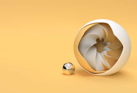 3D golden core ball hidden inside black hemisphere shell Minimalism geometry background. 3d illustration rendering.の写真素材