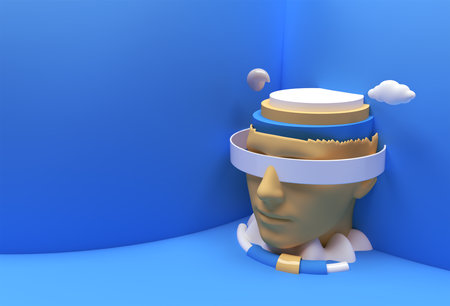 3D Render Scene of Minimal Podium Scene with Human Face for Display Products Advertising Design.の写真素材